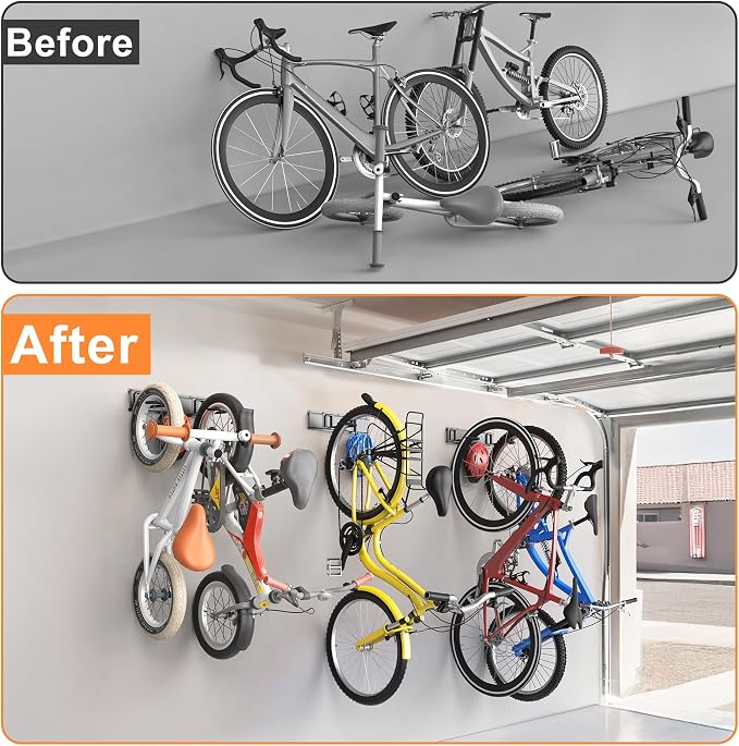 TORACK Wall Mounted Bike Storage Rack, Vertical Bikes Storage for Garage 5 Bikes Hangers for Wall, Modular Bicycle Storage Rack(3 Rails, 5 Bike Hooks, 3 Helmet Hooks)