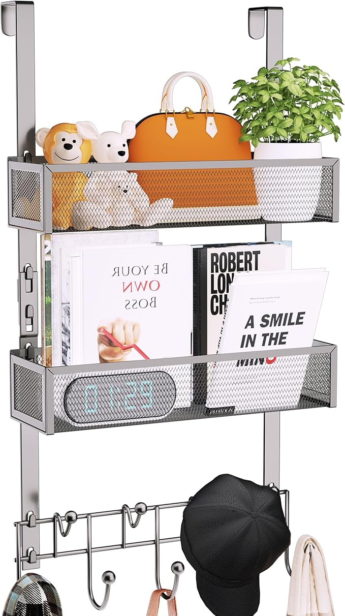 Consumest Over The Door Hooks Organizer - 3 Tier Door Hanger with 9 Coat Hooks & 2 Mesh Basket, Back Storage Organizer Hanging Towels for Bathroom, Bedroom, Sand Nickel