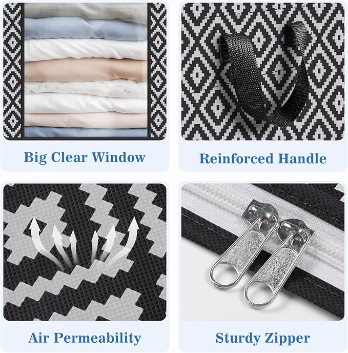 100L 2 Pack Storage Bags, Foldable Clothes Bins with Clear Window, Black | Blanket Storage Containers with Reinforced Handles for Bedding, Comforters, Clothing, Quilts and Closet Organization