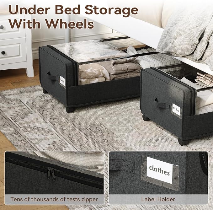 Under Bed Storage, Tall Size Under Bed Storage With Wheels, Under bed Shoe Storage, Metal Frame, 90L Capacity, Storage Drawers for Bedroom