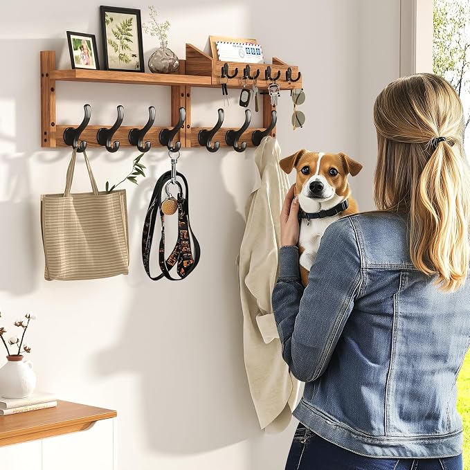 Evermagin 29" Coat Rack Wall Mount with Shelf & 11 Hooks, Entryway, Brown | 4-in-1: coat hooks, key hanger, mail holder & display shelf. Pine wood. For bedroom, hallway, mudroom, livingroom.