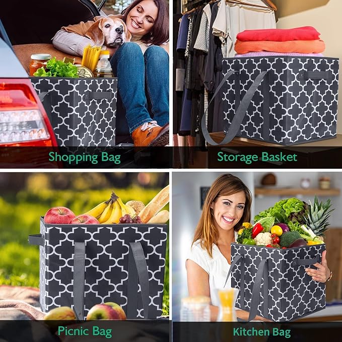 WISELIFE Reusable Grocery Bags 2-Pack Foldable Washable Large Storage Bins Basket Water Resistant Shopping Tote Bag Dark Grey