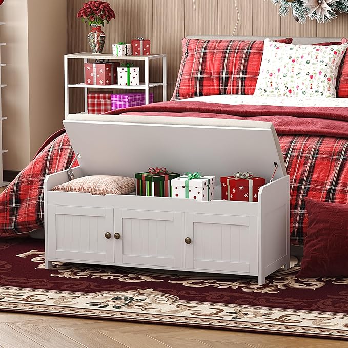 HOMEFORT 41.3" Shoe Bench with Lift Top Storage, Entryway Bench with Cushioned Seat, Wooden End of Bed Bench, Shoe Cabinet Bench with Hidden Storage Space, for Bedroom, Hallway,White