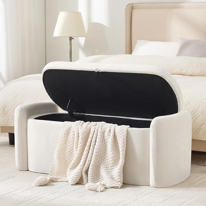 Oval Ottoman Bench with 20 Gal Storage Space Upholstered Chenille Seating End of Bed Storage Bench Storage Ottoman with Storage for Bedroom, Living Room, Entryway, Window (Beige)