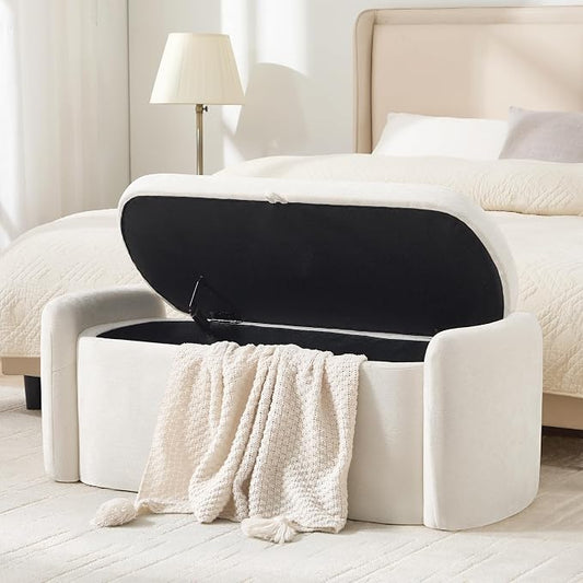 Oval Ottoman Bench with 20 Gal Storage Space Upholstered Chenille Seating End of Bed Storage Bench Storage Ottoman with Storage for Bedroom, Living Room, Entryway, Window (Beige)