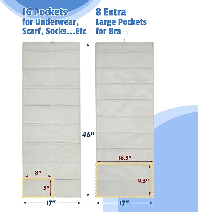 Simple Houseware 24-Pocket Double-Sided Hanging Closet Organizer | 1 Pack, for Bra & Underwear Storage with Rotating Hanger, Mesh Fabric, Gray