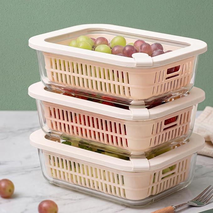Glass Food Storage Containers with Glass Lids, Microwave Safe Food Container Set, Aitight Meal Prep Container Set, BPA Free, 3 extra Colanders, LeakProof, 3 Pack of 35oz