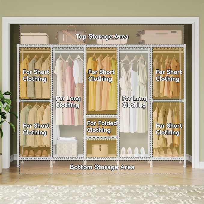 Higeego H5 Clothing Rack for Hanging Clothes, Heavy Duty Closet Rack, White | Large Garment Rack, 93.3"Wx15.7"Dx75.4"H, Freestanding Wardrobe Closet, with Adjustable Shelf, Load 1400 lbs