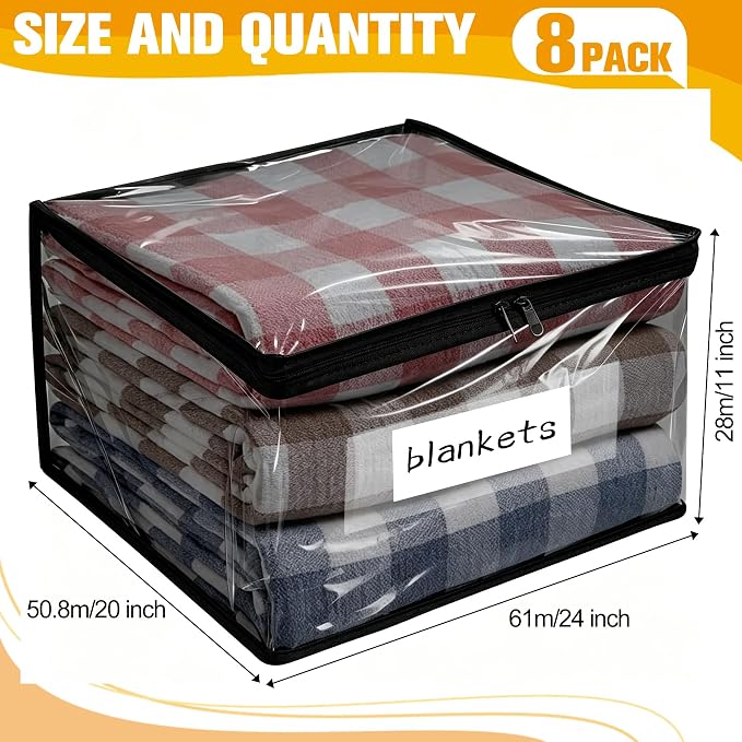 Kikerike Plastic Storage Bags with Easy-Glide Zipper, Pack of 8, Durable Clear Vinyl Zippered Storage Bags for Clothes Sweaters Comforters Blankets Sheets Bedding (24 x 20 x 11 Inch, Black)