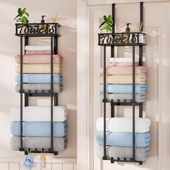 HapiRm Towel Rack Bathroom Storage - 3 Tier Over The Door & Wall Mounted Rolled Towel Racks Holder Organizer with Metal Shelf and 6 Hooks for Small Bathroom, Camper, Rv - Black (for 1.77 in Doors)