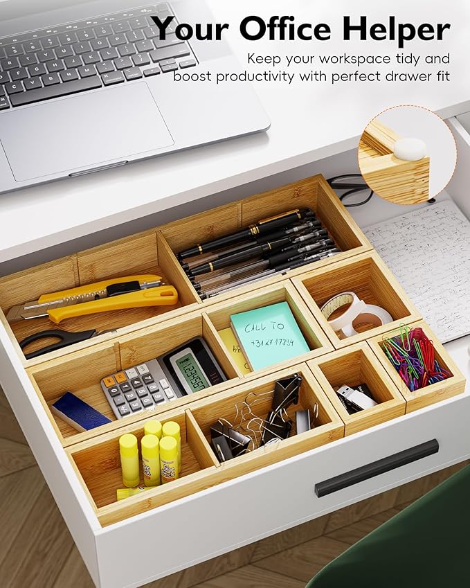 Bamboo Drawer Organizer Set, 6 PCS Desk Drawer Organizer Trays with 12 Compartments, Wood Storage Boxes for Junk Drawer, Kitchen Utensils, Office Supplies, Makeup, Jewelry, Bathroom