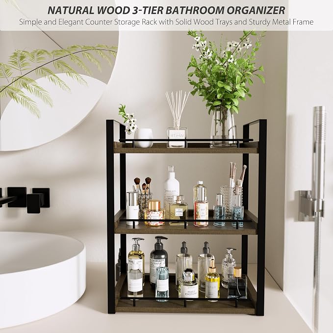 Bathroom Counter Organizer, 3 Tier Wood Countertop Shelf | for Vanity, Skincare, Makeup, Coffee Storage, Wood Shelves, Durable Metal Bracket, for Bathroom Sink, Kitchen (Deep Brown)