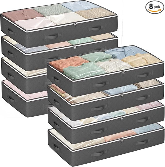 Budding Joy 90L Under Bed Storage Containers, 8 Pack Storage Bags Grey | Foldable underbed storage bins for linen sheets, blanket, clothing, comforter, sweaters, pillows, wrapping paper