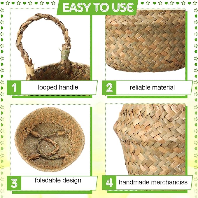 Qunclay 8 Pcs Woven Seagrass Baskets Belly Basket Folding Boho Natural Plant Pot with Handles Round Decorative Wicker Large Indoor Planter for Home Outdoor Tree Planters Decor (Xs,7.9''dx6.3''h)