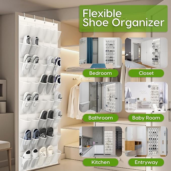 Over the Door Shoe Organizer with 40 Large Breathable Mesh Pockets, Space Saving Shoe Holder, Hanging Shoe Rack for Entryway Bedroom Closet Storage (White, 40 Pockets)