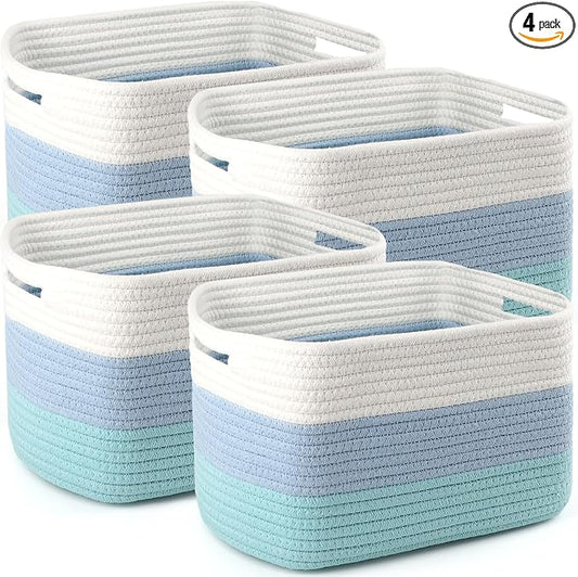 4 Pack Storage Baskets for Organizing, 11''Lx9''Wx8''H Woven Baskets for Storage Toys, Towels, Books, and Clothes, Cotton Rope Basket for Shelves with Handle
