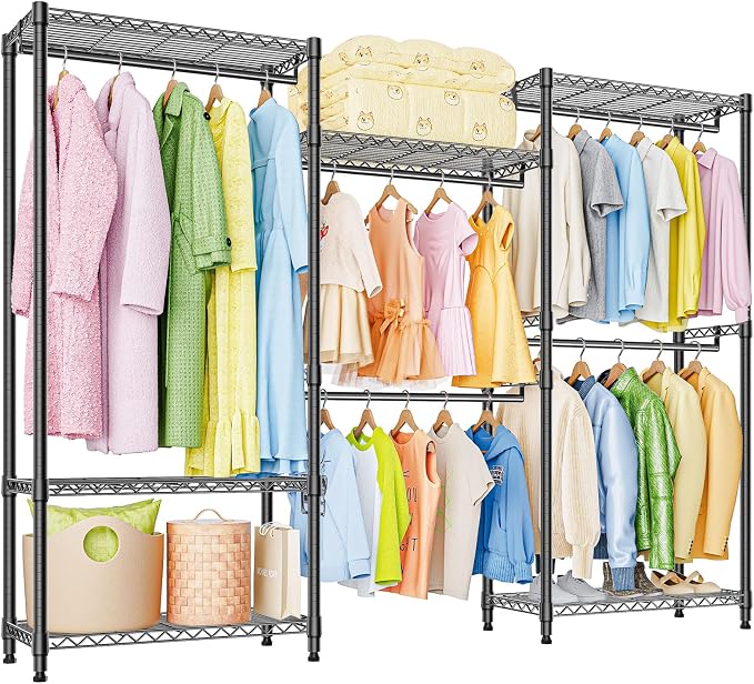M MZG Heavy Duty Rolling Garment Rack 6 Tiers Adjustable Wire Shelving Clothes Rack with Rods Storage Closet Clothing Rack Black 15.7" D x 70.8" W x 76.5" H