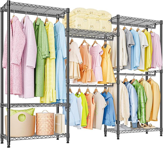 M MZG Heavy Duty Rolling Garment Rack 6 Tiers Adjustable Wire Shelving Clothes Rack with Rods Storage Closet Clothing Rack Black 15.7" D x 70.8" W x 76.5" H