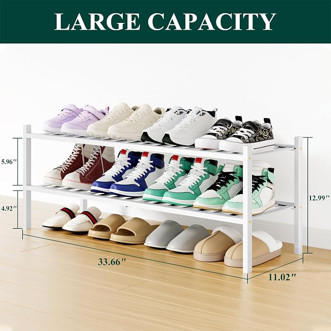 Smiry Bamboo Shoe Rack, 12 Vertical Slats, 2 Tier - 33.7" Wide, White | Stackable Free Standing Wooden Shoe Organizer, Wood Shoe Storage Shelf for Closet, Entryway