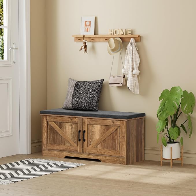 HOMSHO Farmhouse Shoe Storage Bench with 2 Barn Doors & Padded Seat Cushion | 39.4" Wide Entryway Bench with Adjustable Shelves & Hidden Storage, Rustic Walnut