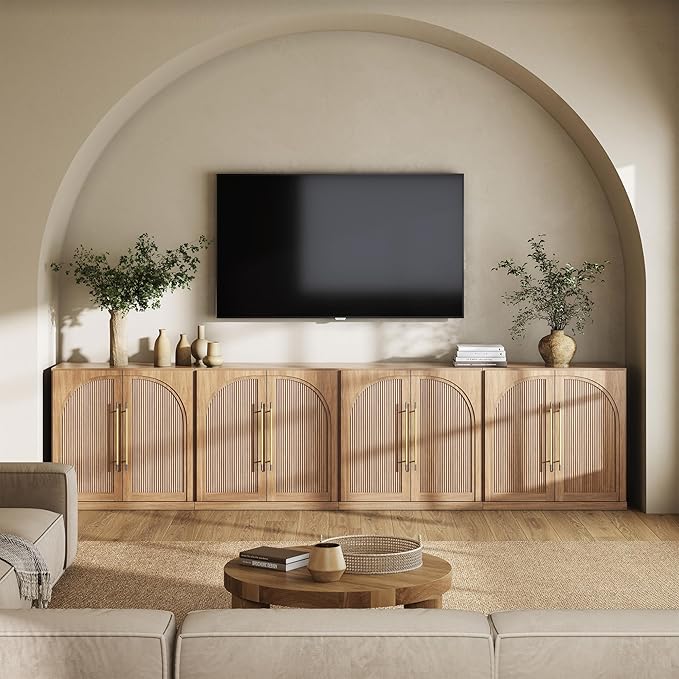 BELLEZE 4-Piece Modular TV Stand Set -Fluted Entertainment Center with Double-Arc Doors,Modern Sideboards with Adjustable Shelves,Classic Media Console Table Cabinet for Living Room (Camel)