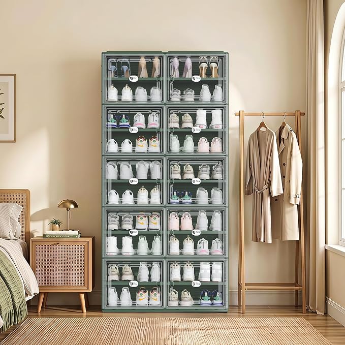 Foldable Shoe Cabinet with Magnetic Clear Doors, Wide Design Shoe Rack for Entryway, Portable Shoe Organizer Meeting Diverse Storage Needs (Green, 2Row 10Tier)