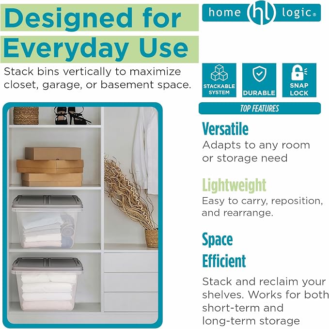 Home Logic 29 Qt Latched Storage Bin with Lid, Stackable Plastic Storage Container, Organizer for Home, Office & Classroom, 6 Pack, Gray
