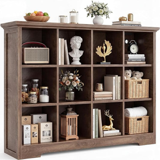Aheaplus Wooden 12-Cube Storage Organizer with Charging Ports, Modern Cube Bookcase with Base, 4-Tier Floor Standing Open Cubbies Bookshelf, Cubicle Display Shelf for Home and Office, Cracked Oak