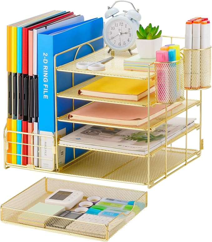 Marbrasse Desk Organizer with File Holder, 5-Tier Paper Letter Tray Organizer with Drawer and 2 Pen Holder, Mesh Desktop Organizer and Storage with Magazine Holder for Office Supplies (Gold 2p)