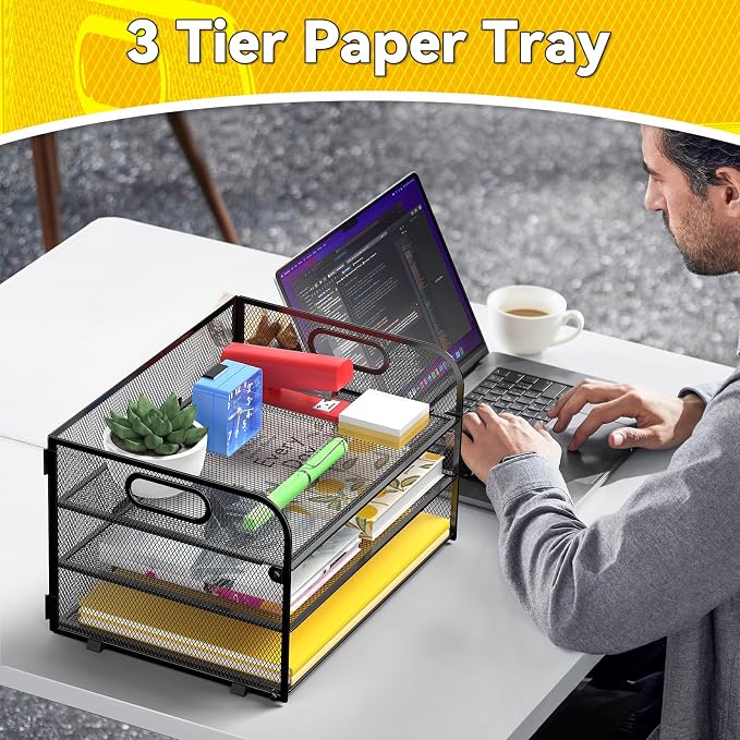 MINDEPOT 3 Tier Paper Organizer Tray with Handle, Mesh Letter Tray | 3 Tier Mesh Letter Tray for Office, Home, School, Black