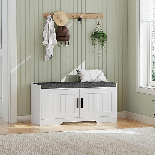 Homleke Shoe Storage Bench, 2 Doors & Thickened Padded Seat Cushion | 2-Tier Shoe Bench, Entryway Bench, Adjustable Shelf, 13.8" D x 37.4" W x 18.5" H, for Living Room, Bedroom, White
