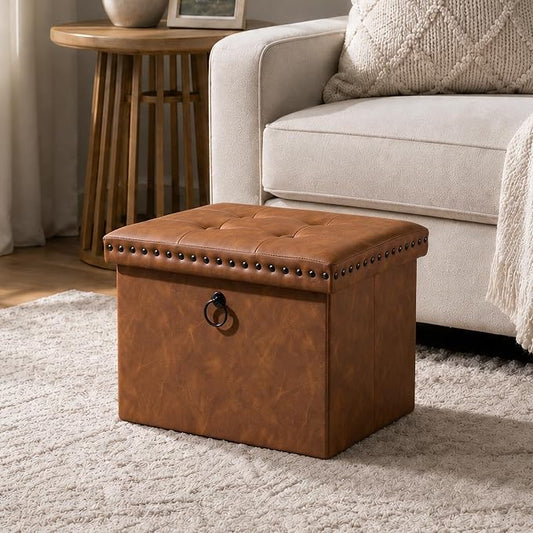 oakvivo Folding Storage Ottoman 16x12x12 inches, Small Faux Leather Foot Rest Stool with Button Tufted Rivet Design, Footstool Bench, Ottoman with Storage for Living Room Bedroom Coffee Table, Brown