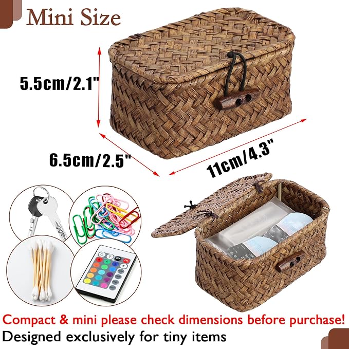 Mini Wicker Basket with Lid, Seagrass Organizer, 4.3"x2.5"x2.1" | Small Wicker Storage Basket Natural Decorative Box for Shelf, Bathroom, Home Decor