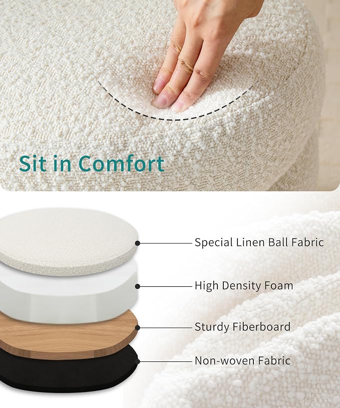 Busaurus Round Ottoman with Storage for Living Room Small Boucle Foot Stool Modern Upholstered Vanity Stool Ottoman Foot Rest for Dorm Corner Home Decor, Set of 1 (White)