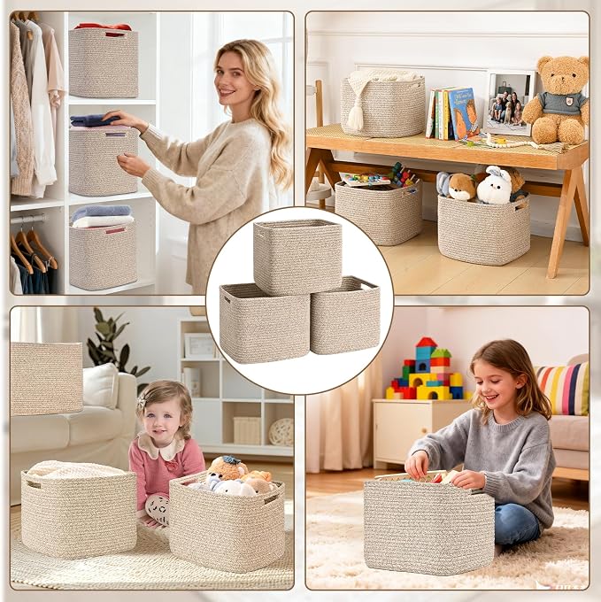 3 Pack Cube Storage Bin, 12”x12”x10” Cotton Rope Woven Baskets for Organizing Toys Clothes Towels, Square Gift Storage Baskets for Shelves, Nursery, Closet, Bathroom, Pantry (Jute)