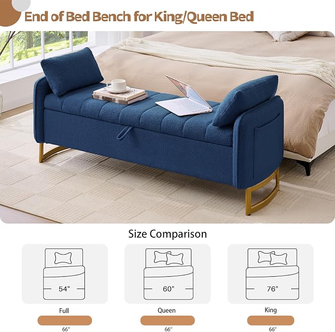 66'' King Size Storage Bench for Bedroom, Teddy Boucle End of Bed Benches for Foot of Bed, Storage Ottoman Bench with Golden Legs and Pockets for Living Room Window Entryway, Blue