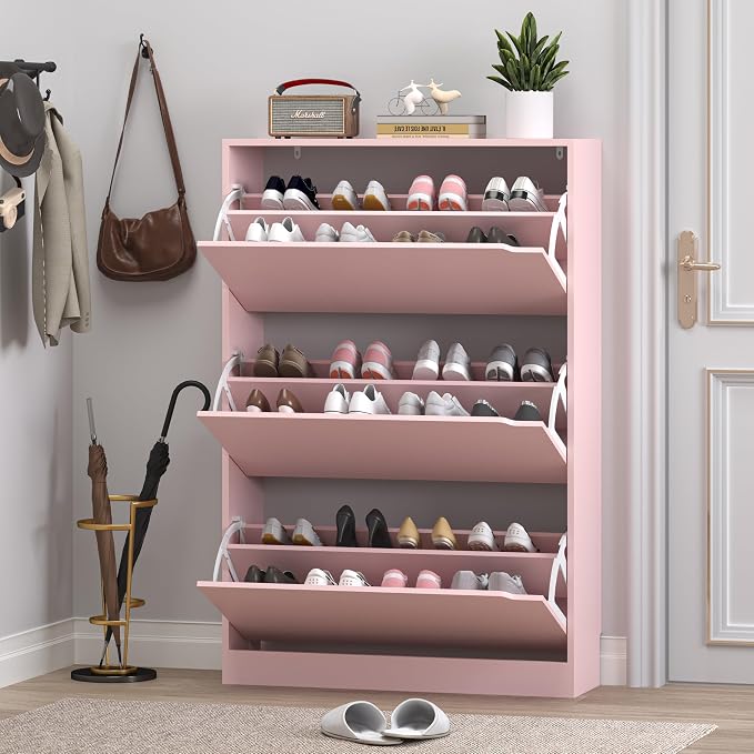 BORNOON Shoe Cabinet with 3 Flip Drawers, Hidden Wood Shoe Cabinet,Freestanding Shoe Storage Cabinet for Entryway Hallway.White. 47.2" H*31.5" W*9.45" D (Pink)
