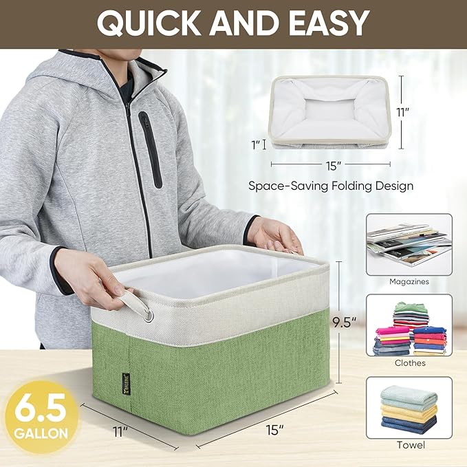 BALEINE 2 Pack Fabric Closet Storage Bins for Shelves, Linen Closet Organizers and Storage, Decorative Baskets for Organizing, Shelf, Clothes, Home, Office (Green, 15''x11''x9.5'')