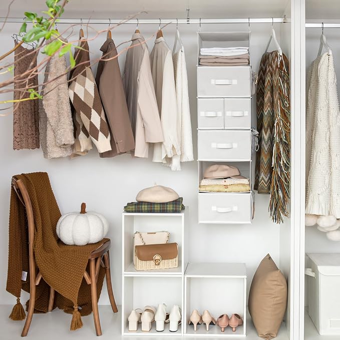 GRANNY SAYS Hanging Closet Organizer and Storage, 6 Shelf Clothes Organization with Drawers, 6 Side Pockets Closet Hanging Shelves for Bras, Socks, Underwear, Nursery Room, Wardrobe, White, 1-Pack