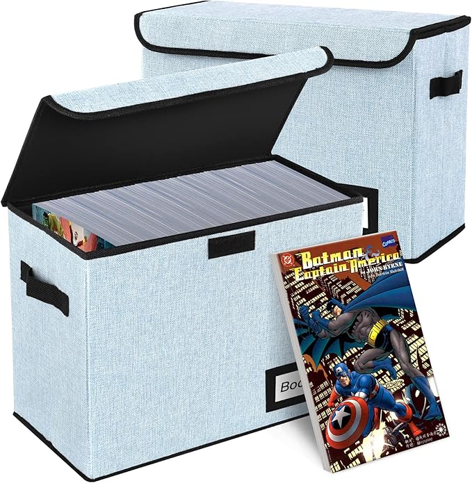 2 Pack Comic Book Storage Box, Comic Protector Organizer, 15.8" X 7.8" X 11.8", Collapsible Comic Short Box, Holds 160-180 Comic Book Container Holder Shelf Bin (Blue)