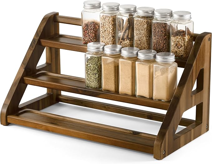 Tinamo Acacia Wood Spice Rack - Wooden 3-Tier Spice Rack Organizer for Countertop or Cabinet – Kitchen Spice Organizer and Seasoning Organizer Shelf (Walnut) | Acacia Wood, 3-tier Spacious Design for 24 Spice Jars, Cutout Grooves for Secure Storage, Ea...