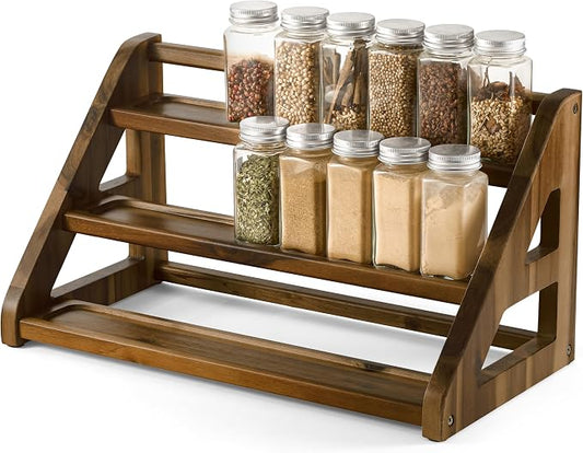 Tinamo Acacia Wood Spice Rack - Wooden 3-Tier Spice Rack Organizer for Countertop or Cabinet – Kitchen Spice Organizer and Seasoning Organizer Shelf (Walnut) | Acacia Wood, 3-tier Spacious Design for 24 Spice Jars, Cutout Grooves for Secure Storage, Ea...