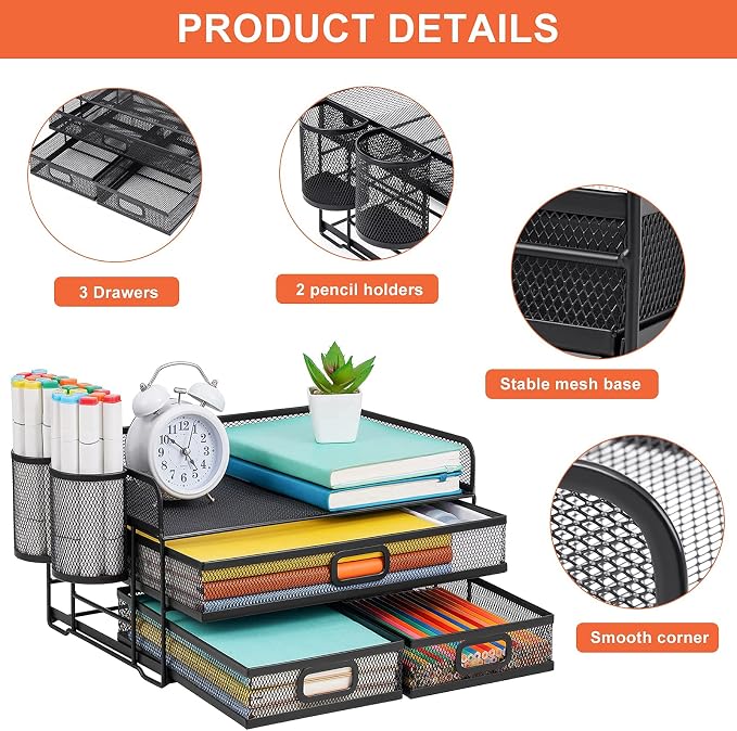 Marbrasse 3 Tier Desk Organizer with Drawer and 2 Pen Holder, Black | Paper Tray Organizer, File Holder for Desk, Metal Mesh Office Organization for Home Office Supplies