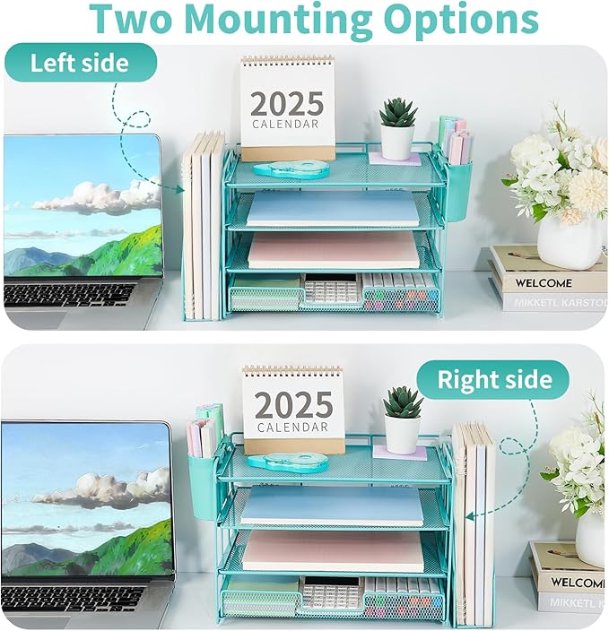 OPNICE Desk Organizer, 4-Tier Desktop File Organizer with Drawer and Pen Holders, Office Desk Accessories, File Sorters, Workspace Organizers for Office Supplies(Teal Blue)