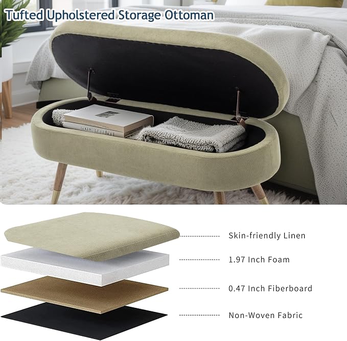 IAFIKE Oval Storage Bench 43.5" Ottoman Bench Upholstered Boucle Fabric Footrest Bench with Golden Metal Legs End of Bed for Bedroom, Living Room, Entryway,Bed Side (Green)
