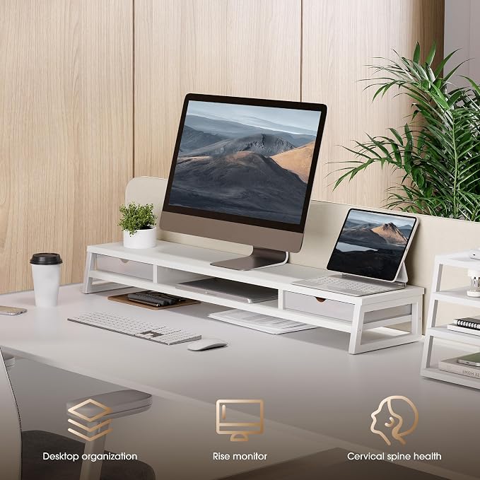 Fenge Dual Monitor Stand Riser, 42.5in Desk Shelf with 2 Drawers, White | 2-Tier Monitor Shelf for Desk, Storage Drawer with Stopper, Frosted, fit Home Office, Ultrawide Screen, PC, Laptop, TV