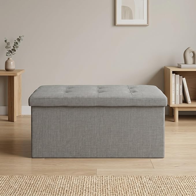 HOME DESIGN Florence 30" Upholstered Folding Storage Ottoman Bench, Tufted Top, Space-Saving Storage, Gray Linen Fabric
