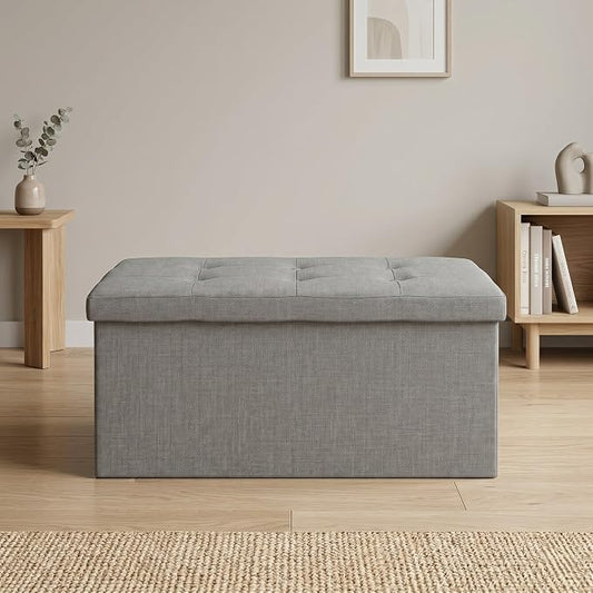 HOME DESIGN Florence 30" Upholstered Folding Storage Ottoman Bench, Tufted Top, Space-Saving Storage, Gray Linen Fabric