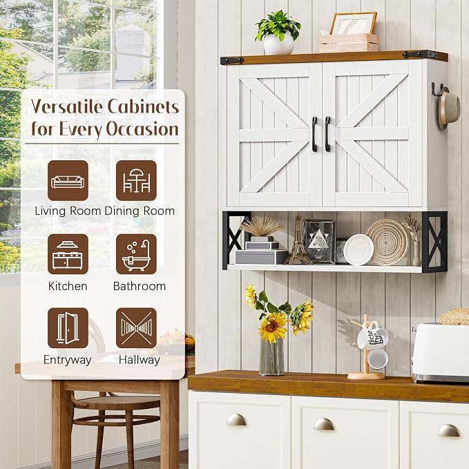 Vabches Bathroom Wall Cabinet, Farmhouse Medicine Cabinet, Rustic White | Vintage Storage Cabinet Wall Mounted with Double Barn Doors and Iron Shelf for Bathroom, Kitchen, Rustic White and Brown