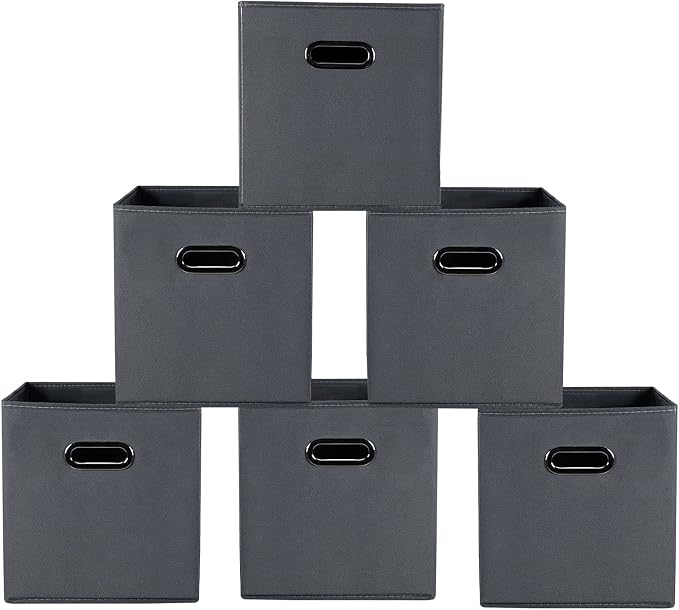 Yunkeeeper storage bins Cubes, Fabric Cube Organizer with Handle, Foldable Cube Bins for Cloth or Accessary Storage, 11x11x11, Set of 6, (Gray)